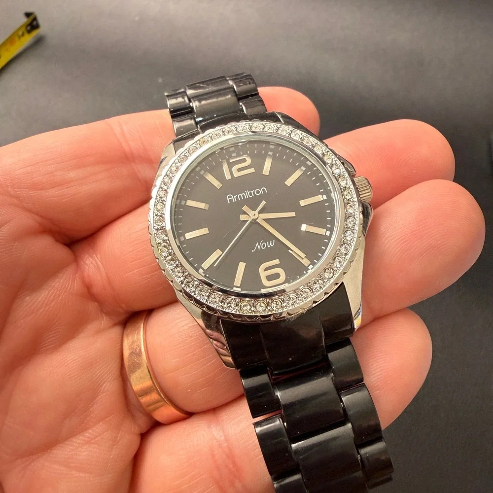 Armitron Now‎ 75/3935SV Women's Silver Tone Quartz Black Band Watch New Battery